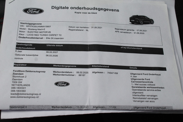 Ford Mustang Mach-E Extended First Edition AWD 98 kWh / Glascoating / Trekhaak / Panoramadak / Camera / Leder / 19'' / B&O / Keyless / DAB / Dodehoek / ACC / Navigatie / Sfeerverlichting / Stoelverwarming