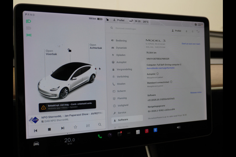 Tesla Model 3 Long Range AWD 75kWh 463PK Lmv 19" FSD-3 Computer Premium Audio AutoPilot Panoramadak Camera's Leer Adaptive-Cruise-Control+Stop 4WD Stoel en achterbank verwarming Elektr.Stoelen+Memory+Easy-Entry WiFi 1e Eigenaar Org. Nederlandse Auto Garantie op Accu/Motor tot 16-03-2028/192.000km