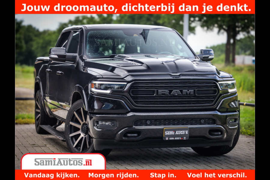 Dodge Ram 1500 Limited Night 5.7 V8 Hemi | Alle Opties | Black Edition | 4x4 Crew Cab | Comfortabele DC Dubbele Cabine met Royale 5 Zitplaatsen | KMC Wielen | Luchtvering | 360 Camera | Nappa Leer | Adaptieve Cruise |