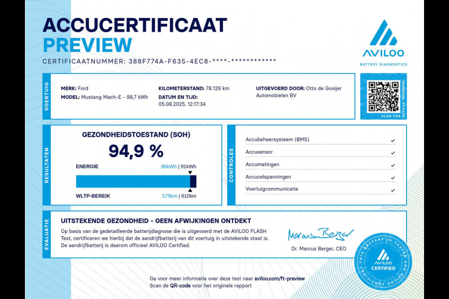 Ford Mustang Mach-E Extended First Edition AWD 98 kWh / SoH 94.9% / Trekhaak / Panoramadak / Camera / Leder / 19'' / B&O / Keyless / DAB / Dodehoek / ACC / Navigatie / Sfeerverlichting / Stoelverwarming