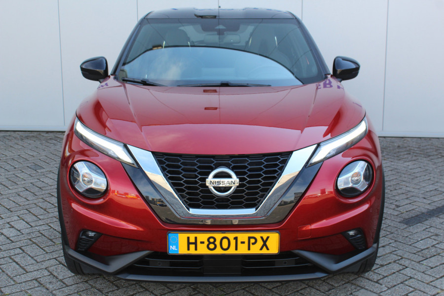 Nissan Juke 1.0-117pk DIG-T Tekna. Keurig nette, erg luxe en goed onderhouden Nissan Juke, van 1e eig. Autm. airco, LM wielen, metallic lak two tone, stoelverwarming, lane- en side assist, 360gr. camera, trekhaak, LM wielen, navigatie, telefoonvoorb., cruise cntrl etc