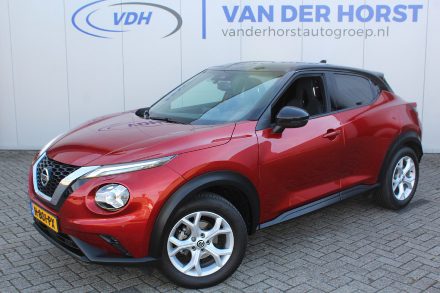 Nissan Juke 1.0-117pk DIG-T Tekna. Keurig nette, erg luxe en goed onderhouden Nissan Juke, van 1e eig. Autm. airco, LM wielen, metallic lak two tone, stoelverwarming, lane- en side assist, 360gr. camera, trekhaak, LM wielen, navigatie, telefoonvoorb., cruise cntrl etc