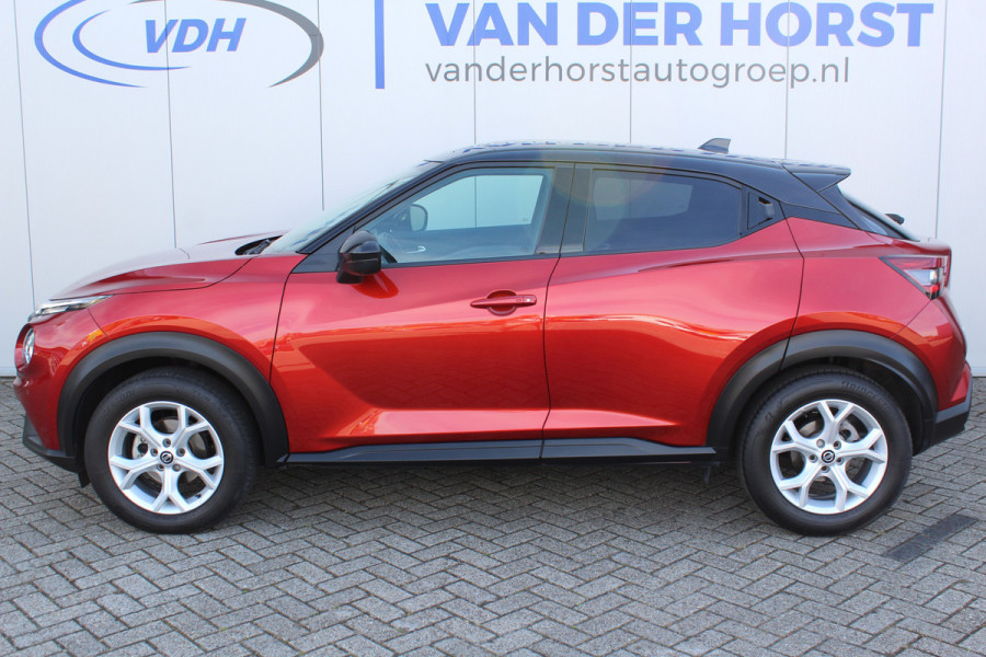 Nissan Juke 1.0-117pk DIG-T Tekna. Keurig nette, erg luxe en goed onderhouden Nissan Juke, van 1e eig. Autm. airco, LM wielen, metallic lak two tone, stoelverwarming, lane- en side assist, 360gr. camera, trekhaak, LM wielen, navigatie, telefoonvoorb., cruise cntrl etc