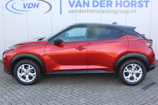 Nissan Juke 1.0-117pk DIG-T Tekna. Keurig nette, erg luxe en goed onderhouden Nissan Juke, van 1e eig. Autm. airco, LM wielen, metallic lak two tone, stoelverwarming, lane- en side assist, 360gr. camera, trekhaak, LM wielen, navigatie, telefoonvoorb., cruise cntrl etc