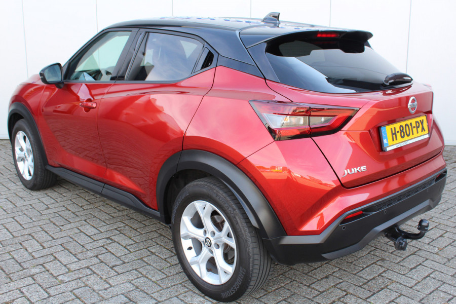 Nissan Juke 1.0-117pk DIG-T Tekna. Keurig nette, erg luxe en goed onderhouden Nissan Juke, van 1e eig. Autm. airco, LM wielen, metallic lak two tone, stoelverwarming, lane- en side assist, 360gr. camera, trekhaak, LM wielen, navigatie, telefoonvoorb., cruise cntrl etc
