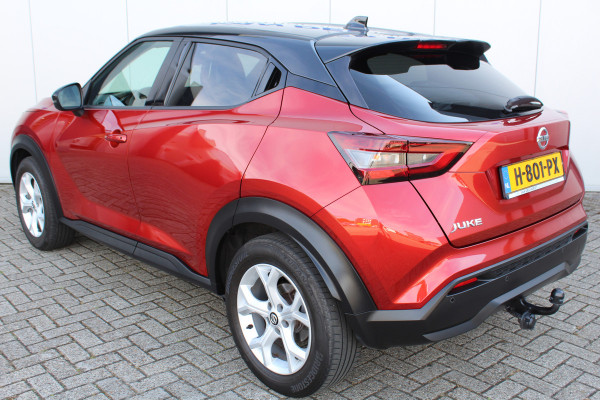 Nissan Juke 1.0-117pk DIG-T Tekna. Keurig nette, erg luxe en goed onderhouden Nissan Juke, van 1e eig. Autm. airco, LM wielen, metallic lak two tone, stoelverwarming, lane- en side assist, 360gr. camera, trekhaak, LM wielen, navigatie, telefoonvoorb., cruise cntrl etc