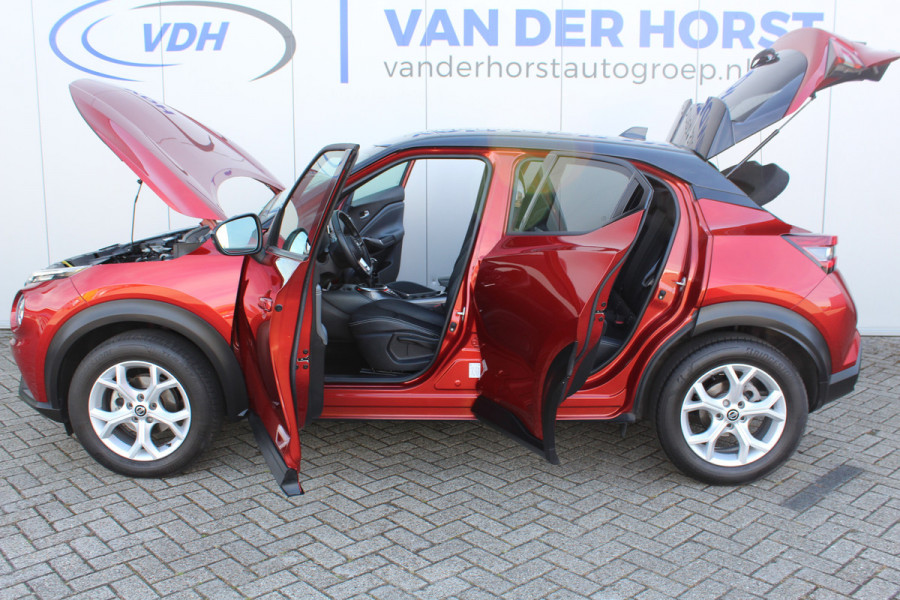 Nissan Juke 1.0-117pk DIG-T Tekna. Keurig nette, erg luxe en goed onderhouden Nissan Juke, van 1e eig. Autm. airco, LM wielen, metallic lak two tone, stoelverwarming, lane- en side assist, 360gr. camera, trekhaak, LM wielen, navigatie, telefoonvoorb., cruise cntrl etc
