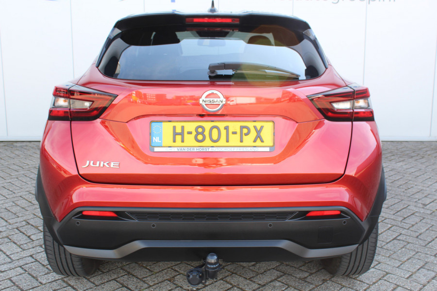 Nissan Juke 1.0-117pk DIG-T Tekna. Keurig nette, erg luxe en goed onderhouden Nissan Juke, van 1e eig. Autm. airco, LM wielen, metallic lak two tone, stoelverwarming, lane- en side assist, 360gr. camera, trekhaak, LM wielen, navigatie, telefoonvoorb., cruise cntrl etc