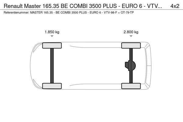 Renault Master 165.35 BE COMBI 3500 PLUS - EURO 6 - VTV-98-F & OT-79-TP - LAADVERMOGEN +/- 2720 KG.