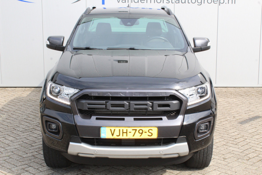 Ford Ranger 2.0-213pk Bi-turbo 'Wildtrak' Supercab. AUTOMAAT / VIER wielaandrijving. Stoere vierwielaangedreven krachtpatser ! Trekgewicht 3.500kg ! Stoel- en voorraamverwarming, Autm. airco dual, Adaptieve cruise control, Navigatie, Telefoonvoorb., Trekhaak etc.