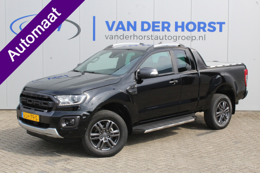 Ford Ranger 2.0-213pk Bi-turbo 'Wildtrak' Supercab. AUTOMAAT / VIER wielaandrijving. Stoere vierwielaangedreven krachtpatser ! Trekgewicht 3.500kg ! Stoel- en voorraamverwarming, Autm. airco dual, Adaptieve cruise control, Navigatie, Telefoonvoorb., Trekhaak etc.