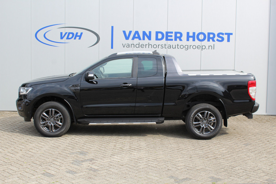 Ford Ranger 2.0-213pk Bi-turbo 'Wildtrak' Supercab. AUTOMAAT / VIER wielaandrijving. Stoere vierwielaangedreven krachtpatser ! Trekgewicht 3.500kg ! Stoel- en voorraamverwarming, Autm. airco dual, Adaptieve cruise control, Navigatie, Telefoonvoorb., Trekhaak etc.