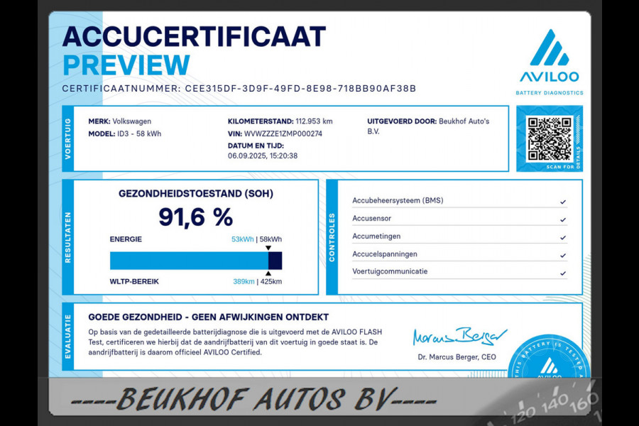 Volkswagen ID.3 First Plus 58 kWh Carplay Navi Cam Soh 91.6%