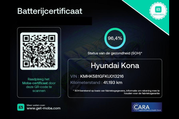 Hyundai Kona EV PREMIUM 204 PK ACCU 94% BEREIK TOT 547 KM! 64Kwh. LEER. NAVI. KEYLESS. FULL OPTION. GARANTIE TOT 2029*