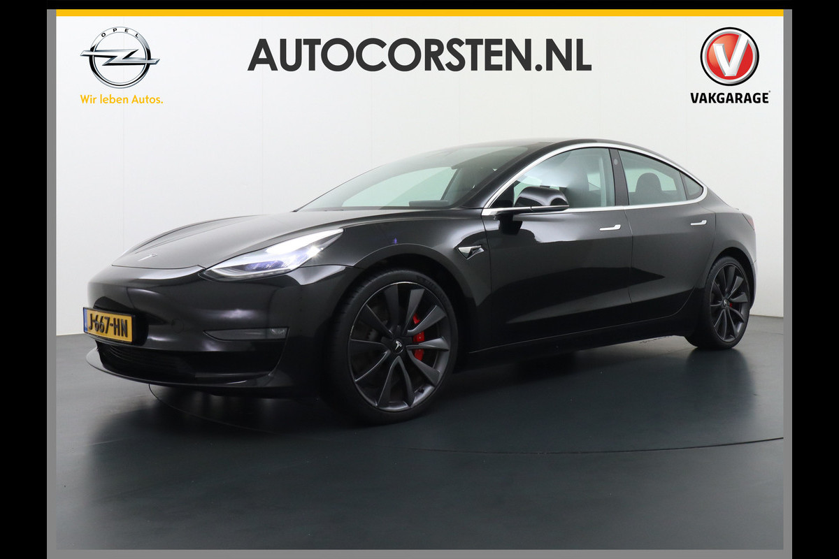 Tesla Model 3 Performance 513pk 20" AutoPilot Pano.dak  Adaptive Cruise Camera''s Leer PDC-A+Voor Wifi Ecc Pdc Dual Motor ! Elektr.-A-Klep+Stuur+Verst.Stoel+Geheugen, Easy Entry Stoel+Bank-Verwarmd Keyless carbon spoiler rode remklauwen Long Range accu WiFi Voorbereid. Internet (9,99pm) 75 kWh 4wd 1e Eigenaar Origineel Nederlandse Auto
