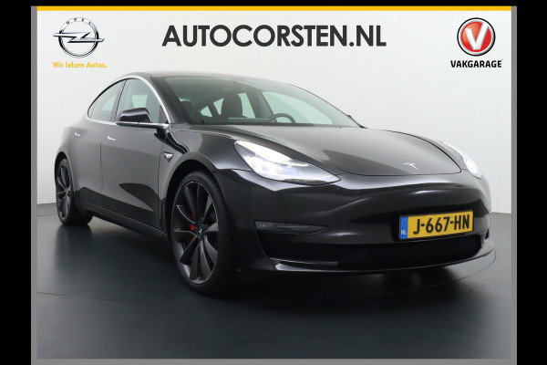 Tesla Model 3 Performance 513pk 20" AutoPilot Pano.dak  Adaptive Cruise Camera''s Leer PDC-A+Voor Wifi Ecc Pdc Dual Motor ! Elektr.-A-Klep+Stuur+Verst.Stoel+Geheugen, Easy Entry Stoel+Bank-Verwarmd Keyless carbon spoiler rode remklauwen Long Range accu WiFi Voorbereid. Internet (9,99pm) 75 kWh 4wd 1e Eigenaar Origineel Nederlandse Auto