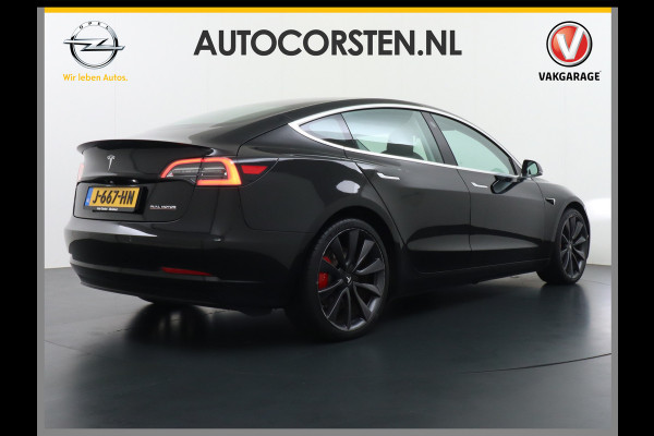 Tesla Model 3 Performance 513pk 20" AutoPilot Pano.dak  Adaptive Cruise Camera''s Leer PDC-A+Voor Wifi Ecc Pdc Dual Motor ! Elektr.-A-Klep+Stuur+Verst.Stoel+Geheugen, Easy Entry Stoel+Bank-Verwarmd Keyless carbon spoiler rode remklauwen Long Range accu WiFi Voorbereid. Internet (9,99pm) 75 kWh 4wd 1e Eigenaar Origineel Nederlandse Auto