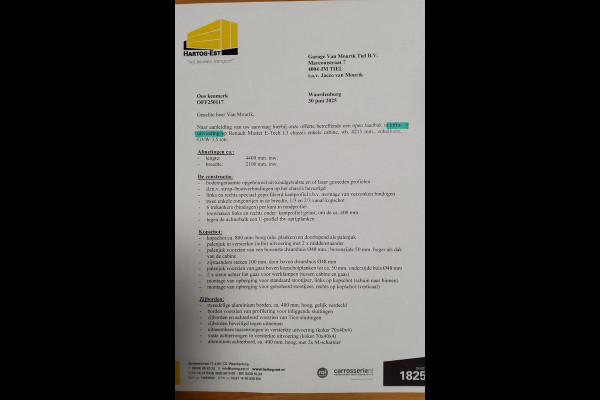 Renault Master E-TECH 87 KW FWD EL - INFRA OPEN LAADBAK 4.40 METER / TREKHAAK 2000 KG. - OPBOUW HARTOG-EST Renault Master E-TECH 87 KW FWD EL - INFRA OPEN LAADBAK 4.40 METER / TREKHAAK 2000 KG. - OPBOUW HARTOG-EST