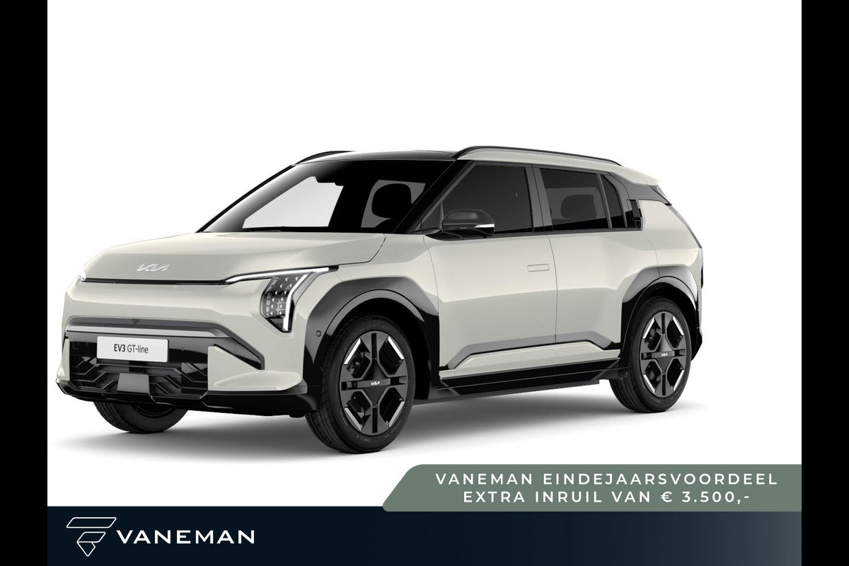 Kia EV3 GT-PlusLine 81.4 kWh | Elektrisch glazen schuif-/kanteldak | Lichtmetalen velgen 5-spaaks 19" Kia EV3 GT-PlusLine 81.4 kWh | Elektrisch glazen schuif-/kanteldak | Lichtmetalen velgen 5-spaaks 19"