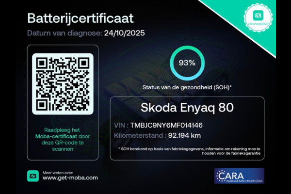 Škoda ENYAQ iV 80 (204PK) ACCU 93%! BEREIK 537KM GARANTIE 4-2031 . NAVIGATIE . STUURWIEL VERWARMD . PARKEERSENSOREN VOOR & ACHTER .