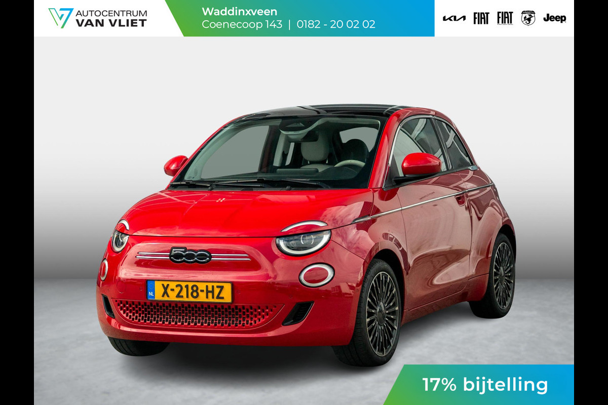 Fiat 500E 3+1 La Prima 42 kWh | 17% Bijtelling | Clima | Cruise | Leder | 17" | Priv Glass | Winter Pack | JBL Sound | BSM | Apple Carplay