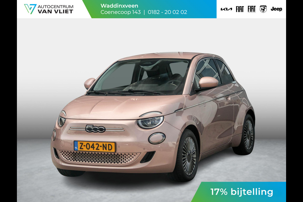 Fiat 500E 42 kWh | 17% Bijtelling | Clima | Cruise | Pack Winter | BSM | 16" | LED | Apple Carplay Fiat 500E 42 kWh | 17% Bijtelling | Clima | Cruise | Pack Winter | BSM | 16" | LED | Apple Carplay