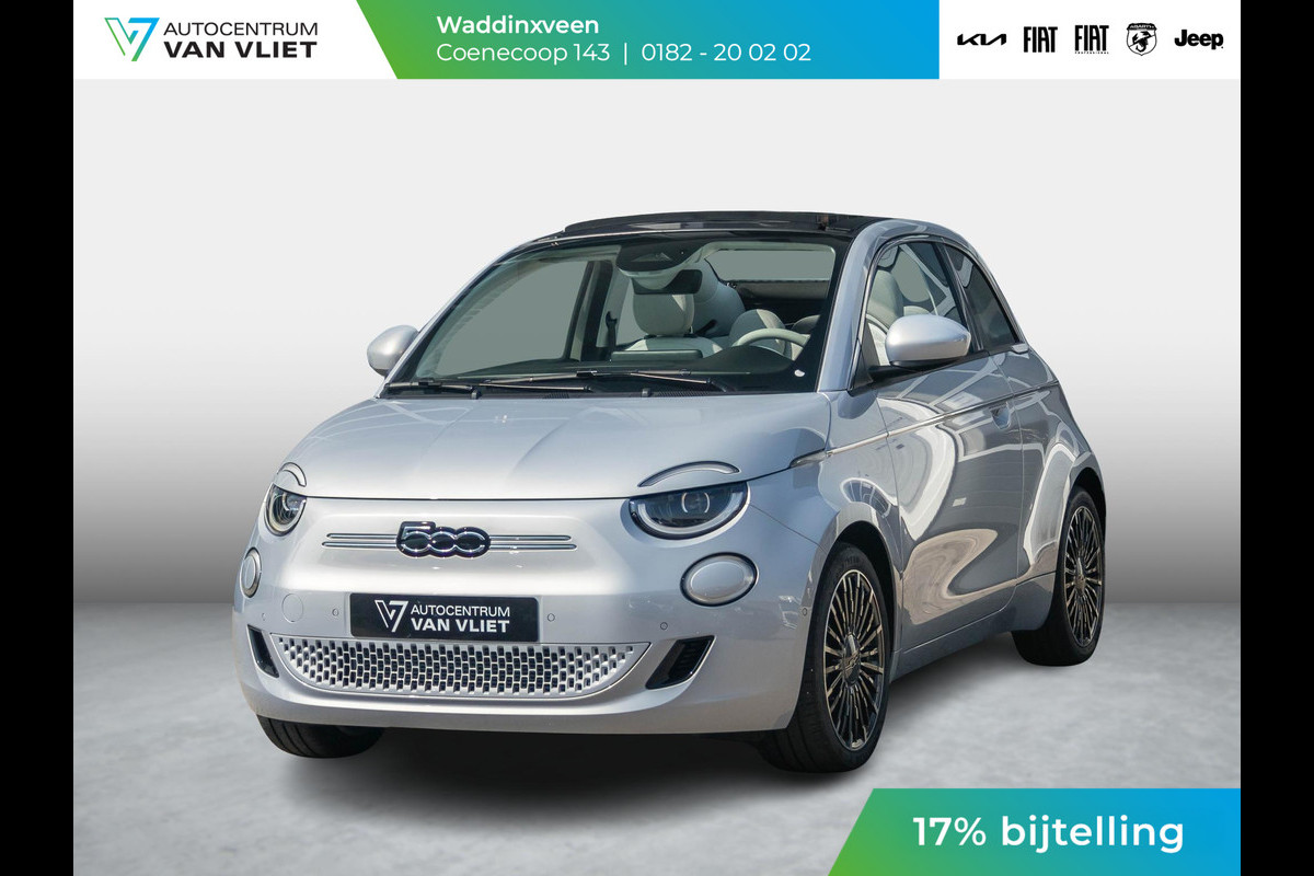 Fiat 500E Cabrio La Prima 42 kWh | 17% Bijtelling | Clima | Cruise | Leder | 17" | Priv Glass | Winter Pack | JBL Sound | BSM | Apple Carplay Fiat 500E Cabrio La Prima 42 kWh | 17% Bijtelling | Clima | Cruise | Leder | 17" | Priv Glass | Winter Pack | JBL Sound | BSM | Apple Carplay