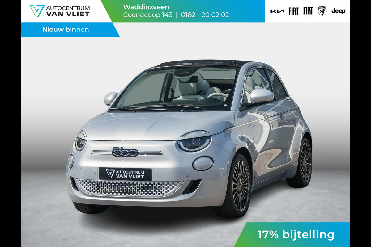 Fiat 500E Cabrio La Prima 42 kWh | 17% Bijtelling | Clima | Cruise | Leder | 17" | Priv Glass | Winter Pack | JBL Sound | BSM | Apple Carplay Fiat 500E Cabrio La Prima 42 kWh | 17% Bijtelling | Clima | Cruise | Leder | 17" | Priv Glass | Winter Pack | JBL Sound | BSM | Apple Carplay