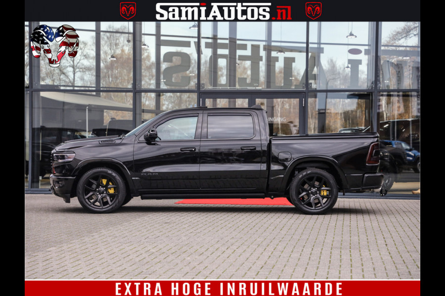 Dodge Ram 1500 BLACK OPS LONGHORN 5.7 V8 HEMI | 8820KM! | BOM VOL | HUD | LUCHTVERING | PANO | 200L LPG | ADAPTIVE CRUISE | DIGI VIRTUAL CLUSTER | CARPLAY | 3500KG | HEADUP | CREW CAB DUBBELE CABINE | 5 PERSOONS | ZWART MET BRUIN LEDER | Z.G.A.N