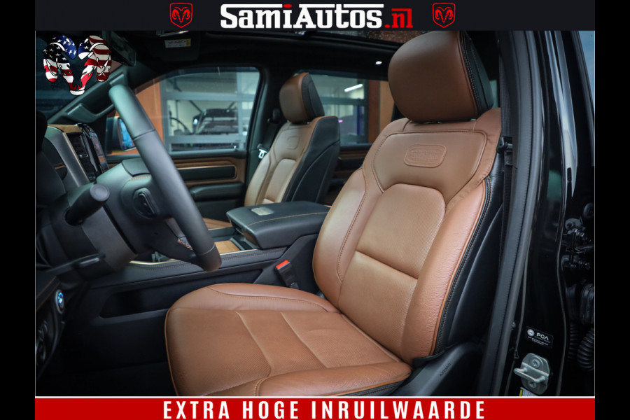 Dodge Ram 1500 BLACK OPS LONGHORN 5.7 V8 HEMI | 8820KM! | BOM VOL | HUD | LUCHTVERING | PANO | 200L LPG | ADAPTIVE CRUISE | DIGI VIRTUAL CLUSTER | CARPLAY | 3500KG | HEADUP | CREW CAB DUBBELE CABINE | 5 PERSOONS | ZWART MET BRUIN LEDER | Z.G.A.N