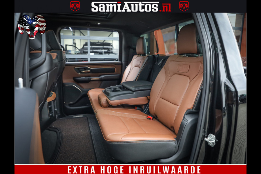 Dodge Ram 1500 BLACK OPS LONGHORN 5.7 V8 HEMI | 8820KM! | BOM VOL | HUD | LUCHTVERING | PANO | 200L LPG | ADAPTIVE CRUISE | DIGI VIRTUAL CLUSTER | CARPLAY | 3500KG | HEADUP | CREW CAB DUBBELE CABINE | 5 PERSOONS | ZWART MET BRUIN LEDER | Z.G.A.N