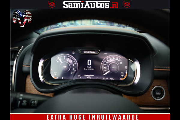 Dodge Ram 1500 BLACK OPS LONGHORN 5.7 V8 HEMI | 8820KM! | BOM VOL | HUD | LUCHTVERING | PANO | 200L LPG | ADAPTIVE CRUISE | DIGI VIRTUAL CLUSTER | CARPLAY | 3500KG | HEADUP | CREW CAB DUBBELE CABINE | 5 PERSOONS | ZWART MET BRUIN LEDER | Z.G.A.N