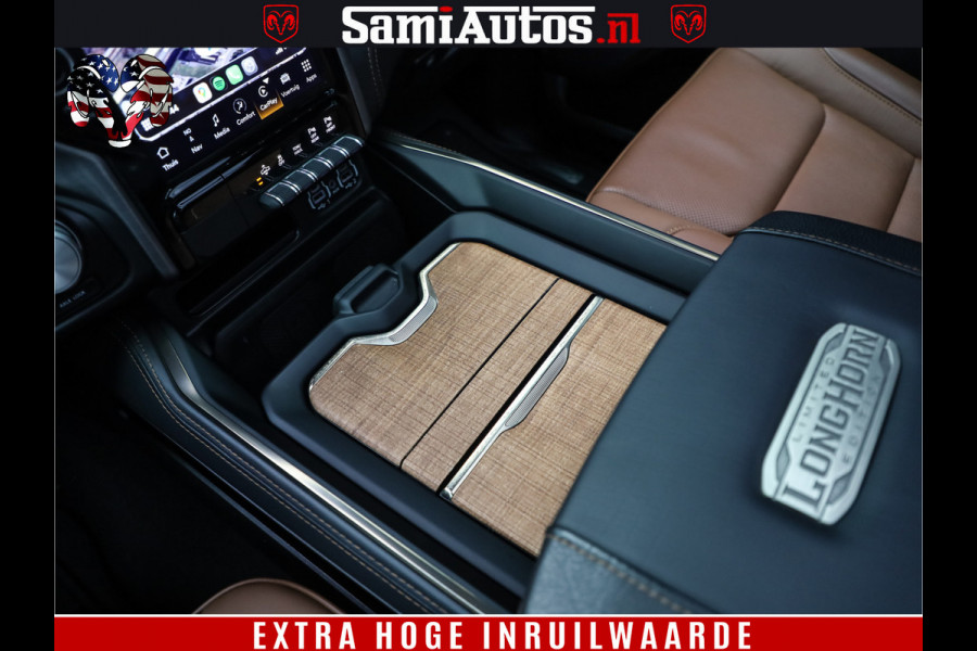 Dodge Ram 1500 BLACK OPS LONGHORN 5.7 V8 HEMI | 8820KM! | BOM VOL | HUD | LUCHTVERING | PANO | 200L LPG | ADAPTIVE CRUISE | DIGI VIRTUAL CLUSTER | CARPLAY | 3500KG | HEADUP | CREW CAB DUBBELE CABINE | 5 PERSOONS | ZWART MET BRUIN LEDER | Z.G.A.N