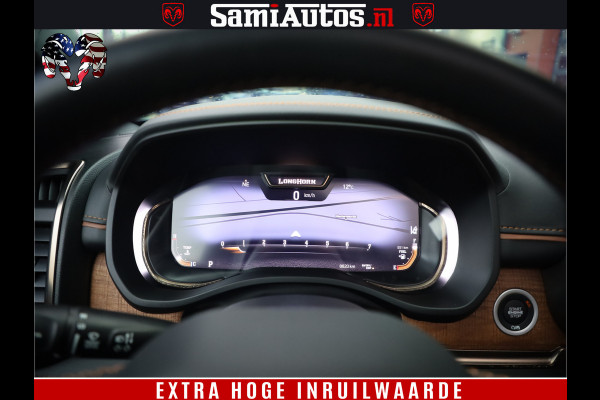 Dodge Ram 1500 BLACK OPS LONGHORN 5.7 V8 HEMI | 8820KM! | BOM VOL | HUD | LUCHTVERING | PANO | 200L LPG | ADAPTIVE CRUISE | DIGI VIRTUAL CLUSTER | CARPLAY | 3500KG | HEADUP | CREW CAB DUBBELE CABINE | 5 PERSOONS | ZWART MET BRUIN LEDER | Z.G.A.N