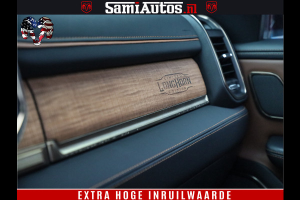 Dodge Ram 1500 BLACK OPS LONGHORN 5.7 V8 HEMI | 8820KM! | BOM VOL | HUD | LUCHTVERING | PANO | 200L LPG | ADAPTIVE CRUISE | DIGI VIRTUAL CLUSTER | CARPLAY | 3500KG | HEADUP | CREW CAB DUBBELE CABINE | 5 PERSOONS | ZWART MET BRUIN LEDER | Z.G.A.N