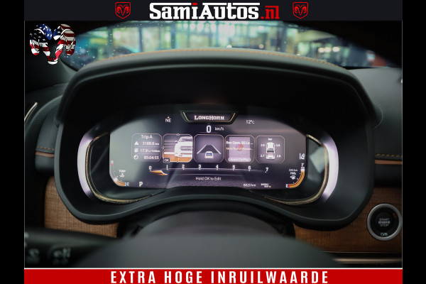 Dodge Ram 1500 BLACK OPS LONGHORN 5.7 V8 HEMI | 8820KM! | BOM VOL | HUD | LUCHTVERING | PANO | 200L LPG | ADAPTIVE CRUISE | DIGI VIRTUAL CLUSTER | CARPLAY | 3500KG | HEADUP | CREW CAB DUBBELE CABINE | 5 PERSOONS | ZWART MET BRUIN LEDER | Z.G.A.N