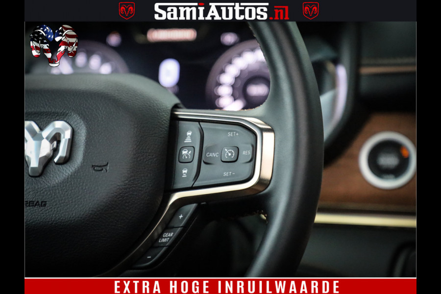 Dodge Ram 1500 BLACK OPS LONGHORN 5.7 V8 HEMI | 8820KM! | BOM VOL | HUD | LUCHTVERING | PANO | 200L LPG | ADAPTIVE CRUISE | DIGI VIRTUAL CLUSTER | CARPLAY | 3500KG | HEADUP | CREW CAB DUBBELE CABINE | 5 PERSOONS | ZWART MET BRUIN LEDER | Z.G.A.N
