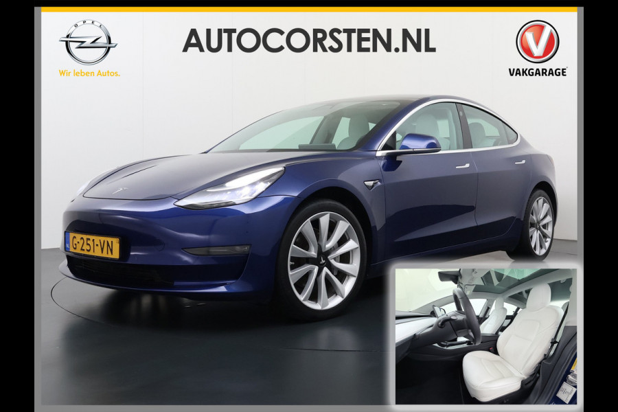 Tesla Model 3 Long Range AWD 75kWh SOH 88% 463PK Lmv 19" Ivoor Premium Audio AutoPilot Panoramadak Camera's Leer Adaptive-Cruise-Control+Stop& 4WD Stoel en achterbank verwarming Elektr.Stoelen+Memory+Easy-Entry WiFi Origineel Nederlandse Auto Garantie op Accu/Motor tot 20-12-2027/192.000km