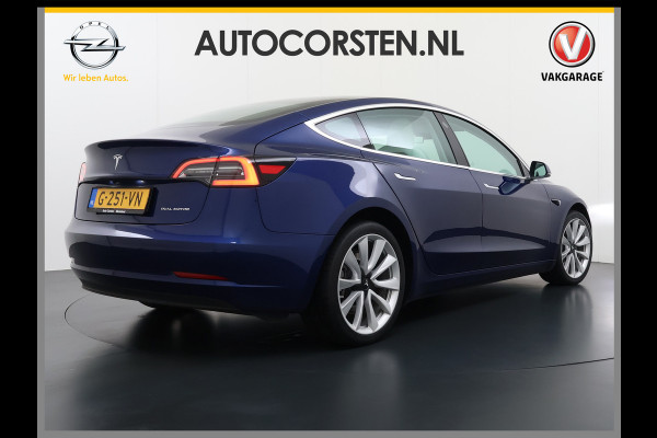 Tesla Model 3 Long Range AWD 75kWh SOH 88% 463PK Lmv 19" Ivoor Premium Audio AutoPilot Panoramadak Camera's Leer Adaptive-Cruise-Control+Stop& 4WD Stoel en achterbank verwarming Elektr.Stoelen+Memory+Easy-Entry WiFi Origineel Nederlandse Auto Garantie op Accu/Motor tot 20-12-2027/192.000km