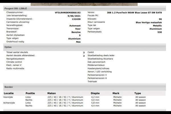 Peugeot 308 SW 1.2 131PK GT Automaat / Distributie vv.bij 102.000KM / Trekhaak / 1/2 Leder / Pdc+Camera / Navi./ Xenon / / Apk 06-2027