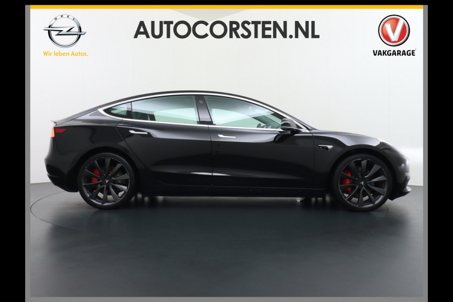 Tesla Model 3 Performance 513pk 0-100 3,4sec AWD Lmv 20" AutoPilot Panoramadak Adaptive Cruise Camera's Leer Pdc Wifi Ecc Elektr.-A-Klep+Stuur+Verst.Stoel+Geheugen Easy Entry Stoel+Bank-Verwarmd Keyless carbon spoiler rode remklauwen WiFi  75kWh 4WD 1e Eigenaar Origineel Nederlandse Auto SOH 88%
