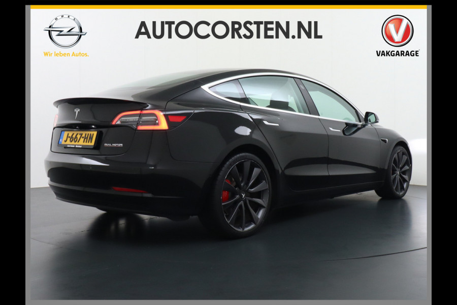 Tesla Model 3 Performance 513pk 0-100 3,4sec AWD Lmv 20" AutoPilot Panoramadak Adaptive Cruise Camera's Leer Pdc Wifi Ecc Elektr.-A-Klep+Stuur+Verst.Stoel+Geheugen Easy Entry Stoel+Bank-Verwarmd Keyless carbon spoiler rode remklauwen WiFi  75kWh 4WD 1e Eigenaar Origineel Nederlandse Auto SOH 88%