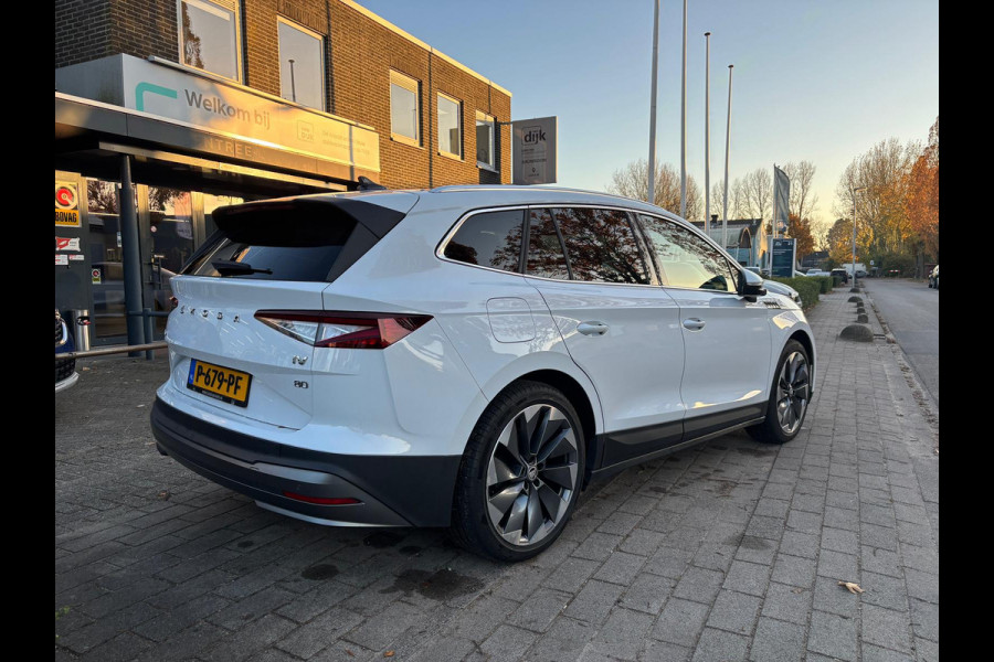 Škoda ENYAQ iV 80 KwH SOH 94% trekhaak Drive sport plus warmtepomp lederen bekleding wit metallic 21 inch lichtmetalen velgen