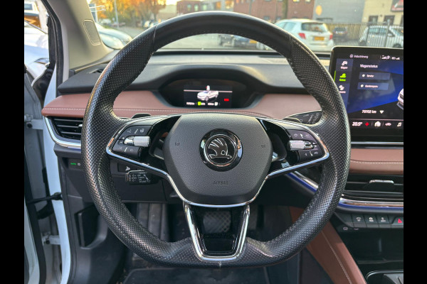 Škoda ENYAQ iV 80 KwH SOH 94% trekhaak Drive sport plus warmtepomp lederen bekleding wit metallic 21 inch lichtmetalen velgen
