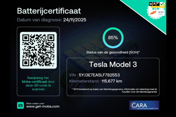 Tesla Model 3 Standard RWD Plus 60 kWh 85% SOH Trekhaak (1.000kg) Rijklaarprijs!