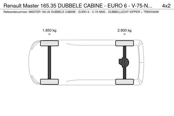 Renault Master 165.35 DUBBELE CABINE - EURO 6 - V-75-NNG - DUBBELLUCHT KIPPER + TREKHAAK
