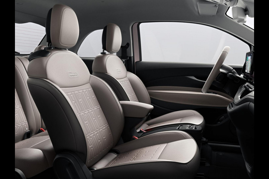 Fiat 500E 3+1 La Prima 42 kWh | 17% Bijtelling | Clima | Cruise | Leder | 17" | Priv Glass | Winter Pack | JBL Sound | BSM | Apple Carplay