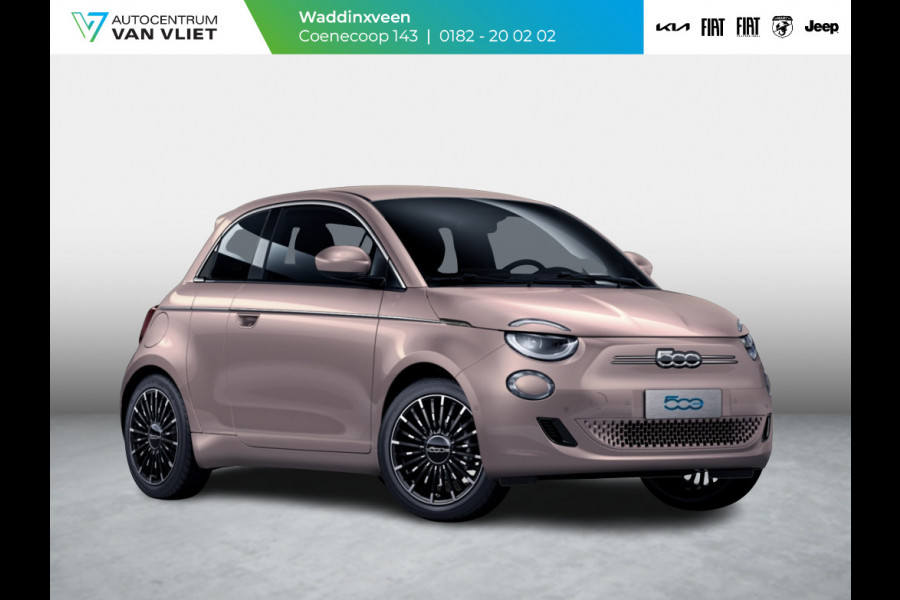 Fiat 500E 3+1 La Prima 42 kWh | 17% Bijtelling | Clima | Cruise | Leder | 17" | Priv Glass | Winter Pack | JBL Sound | BSM | Apple Carplay