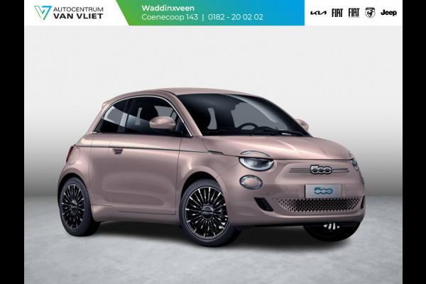Fiat 500E 3+1 La Prima 42 kWh | 17% Bijtelling | Clima | Cruise | Leder | 17" | Priv Glass | Winter Pack | JBL Sound | BSM | Apple Carplay