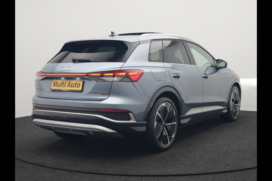 Audi Q4 e-tron 50 quattro S edition 77 kWh 299pk | Trekhaak Af Fabriek | Panodak | Adaptive Cruise | Head Up | Sonos Audio | Camera | Lederen Sportstoelen Memory & Verwarmd | Virtual | Navigatie | Keyless | 21"L.M |